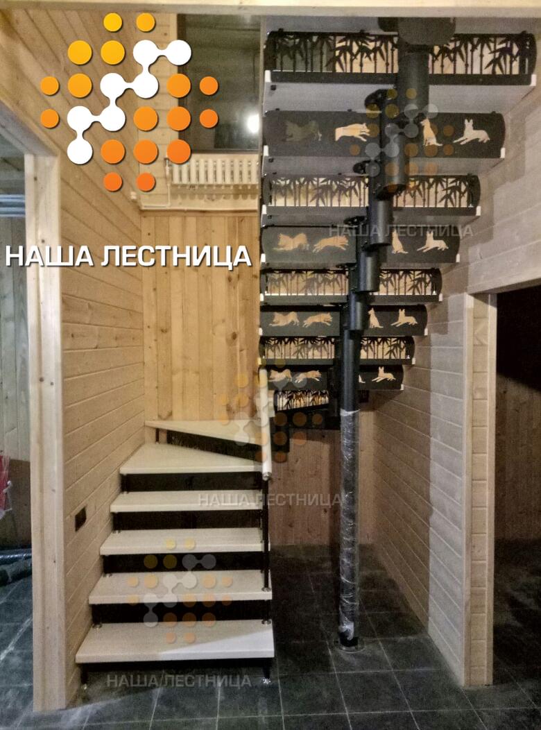 Фото модульная лестница на 180 градусов с резными подступенками - вид 2
