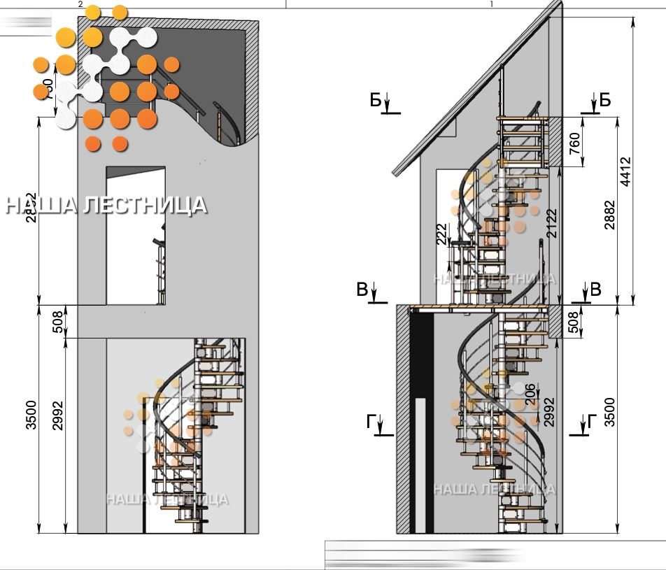 Фото сложная винтовая лестница на 2 этажа с площадками - вид 2